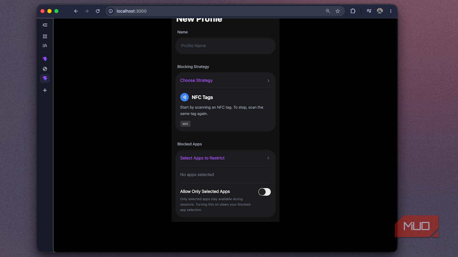 Foqos recreation showing the New Profile form scrolled down past the strategy card