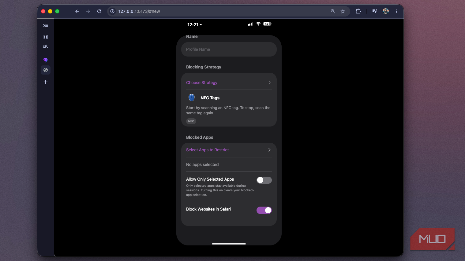Foqos recreation showing the New Profile form scrolled to Block Websites in Safari