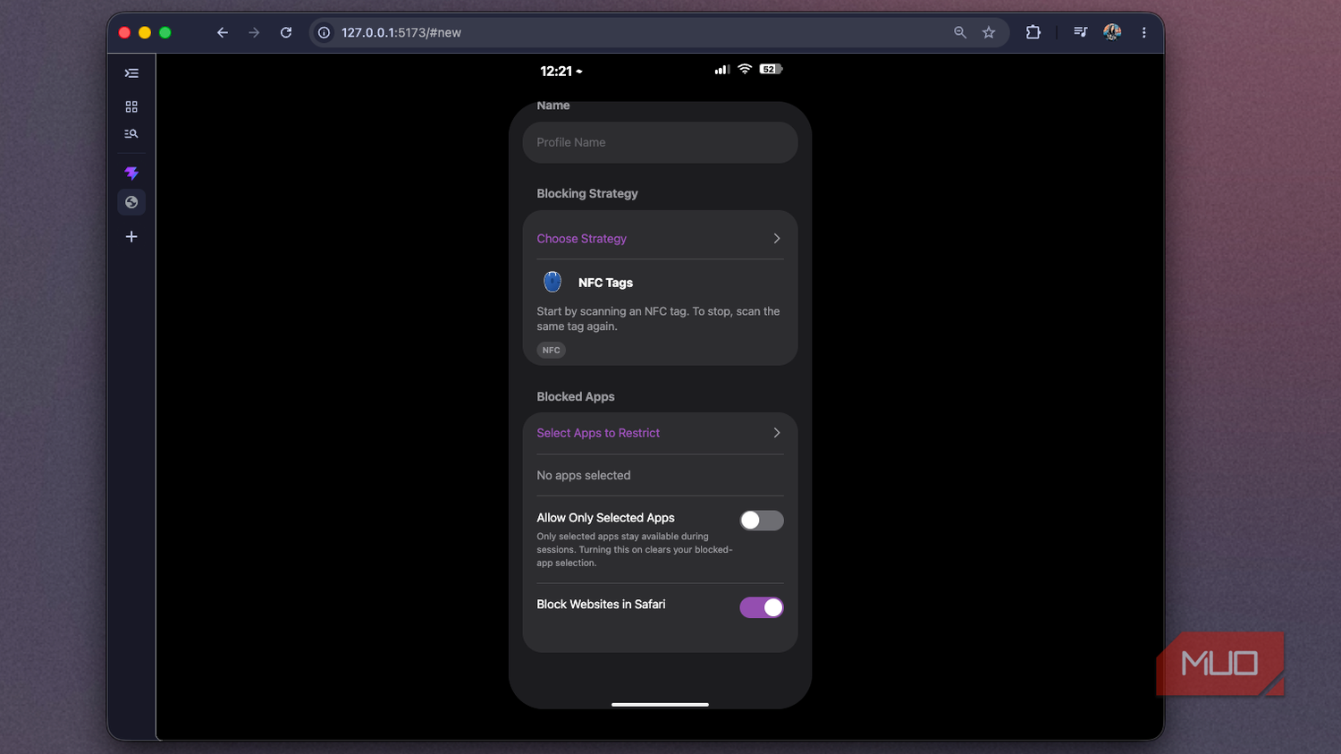 Foqos recreation showing the New Profile form scrolled to Block Websites in Safari