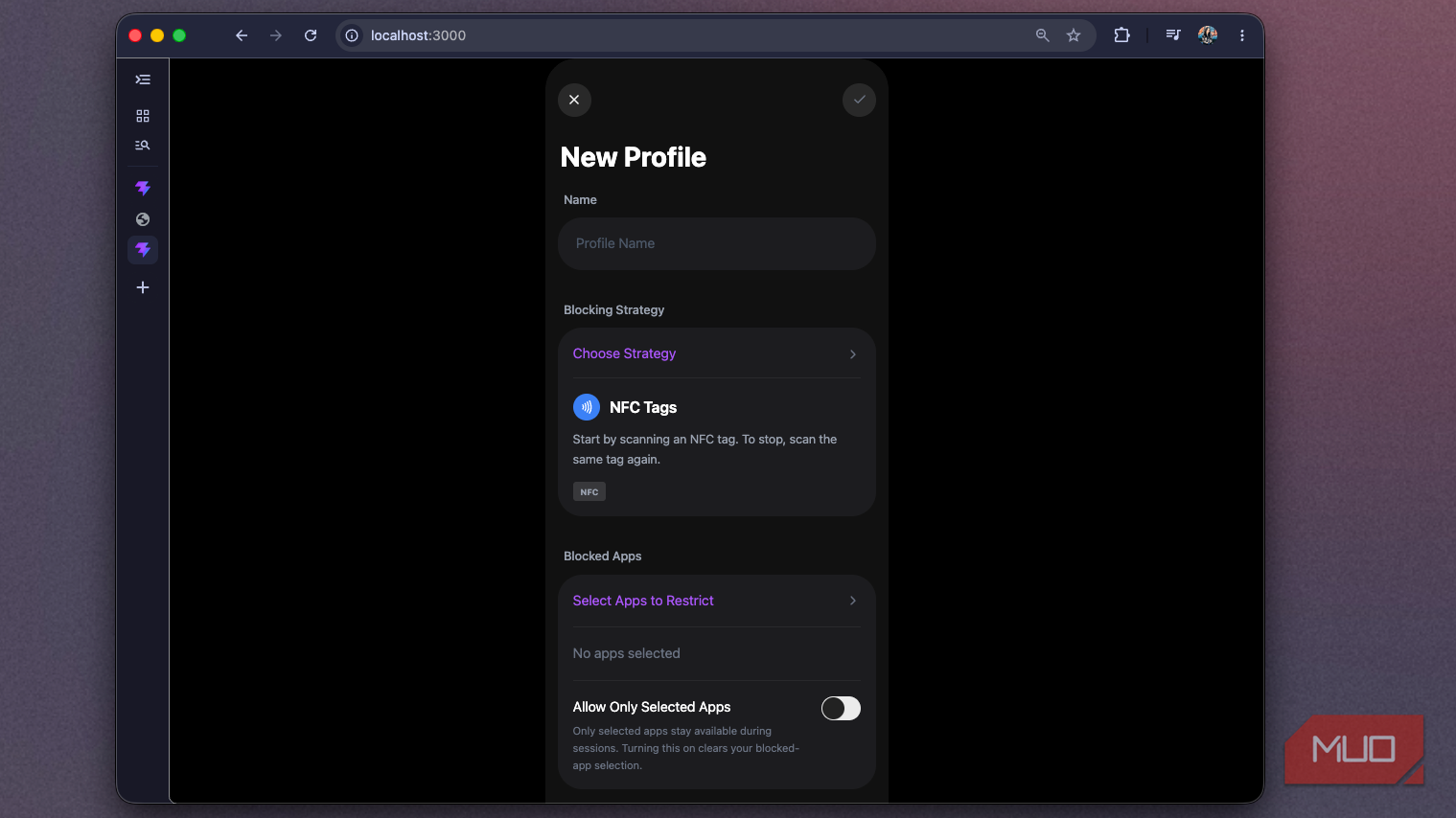Foqos recreation showing the New Profile form with Allow Only Selected Apps off-1