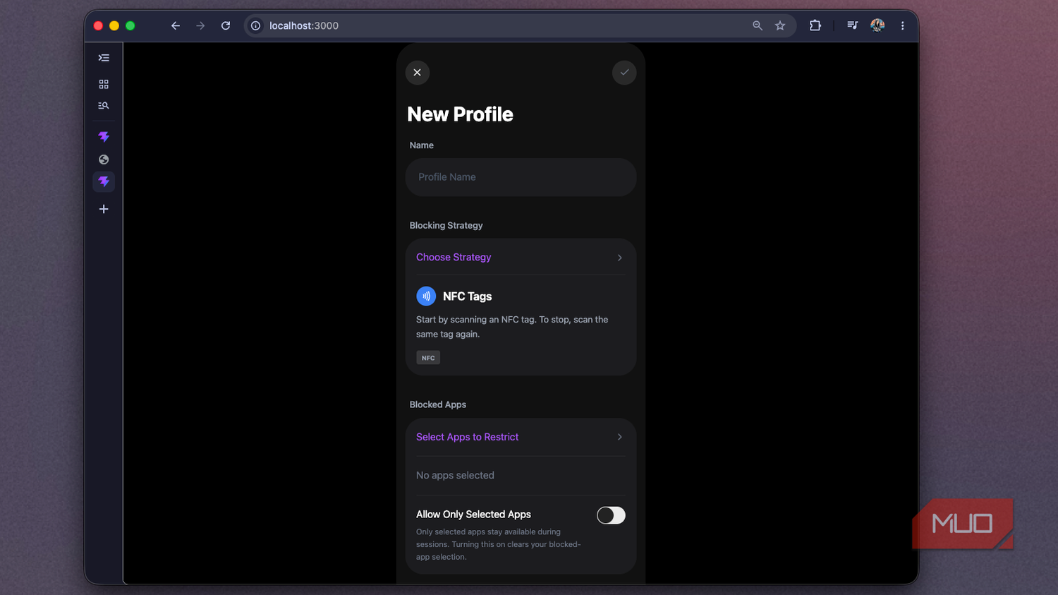 Foqos recreation showing the New Profile form with Allow Only Selected Apps off-1