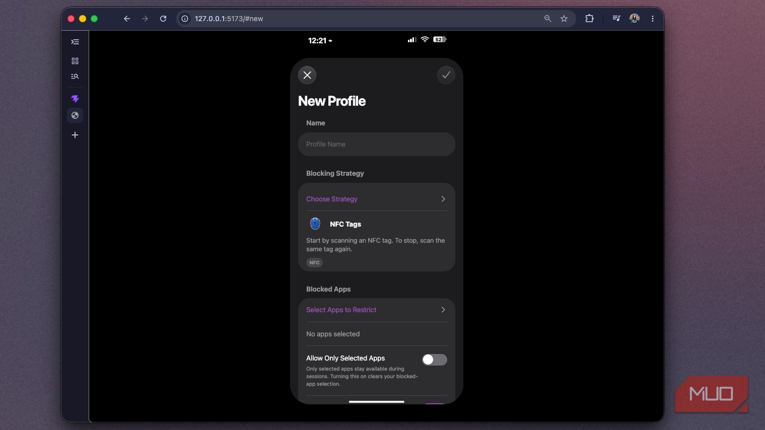 Foqos recreation showing the New Profile form with Allow Only Selected Apps off
