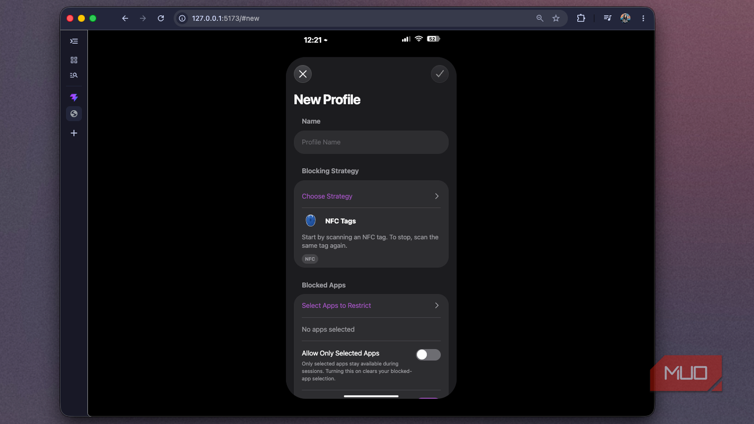 Foqos recreation showing the New Profile form with Allow Only Selected Apps off