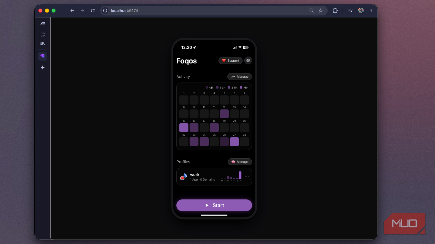 Foqos web recreation in Chrome showing the home screen heatmap and purple Start button