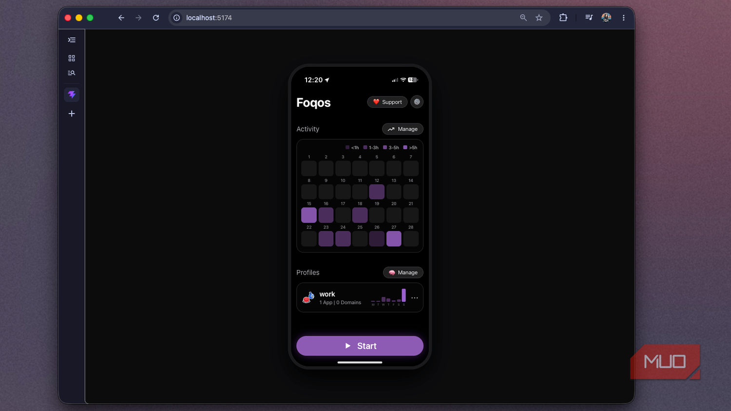 Foqos web recreation in Chrome showing the home screen heatmap and purple Start button