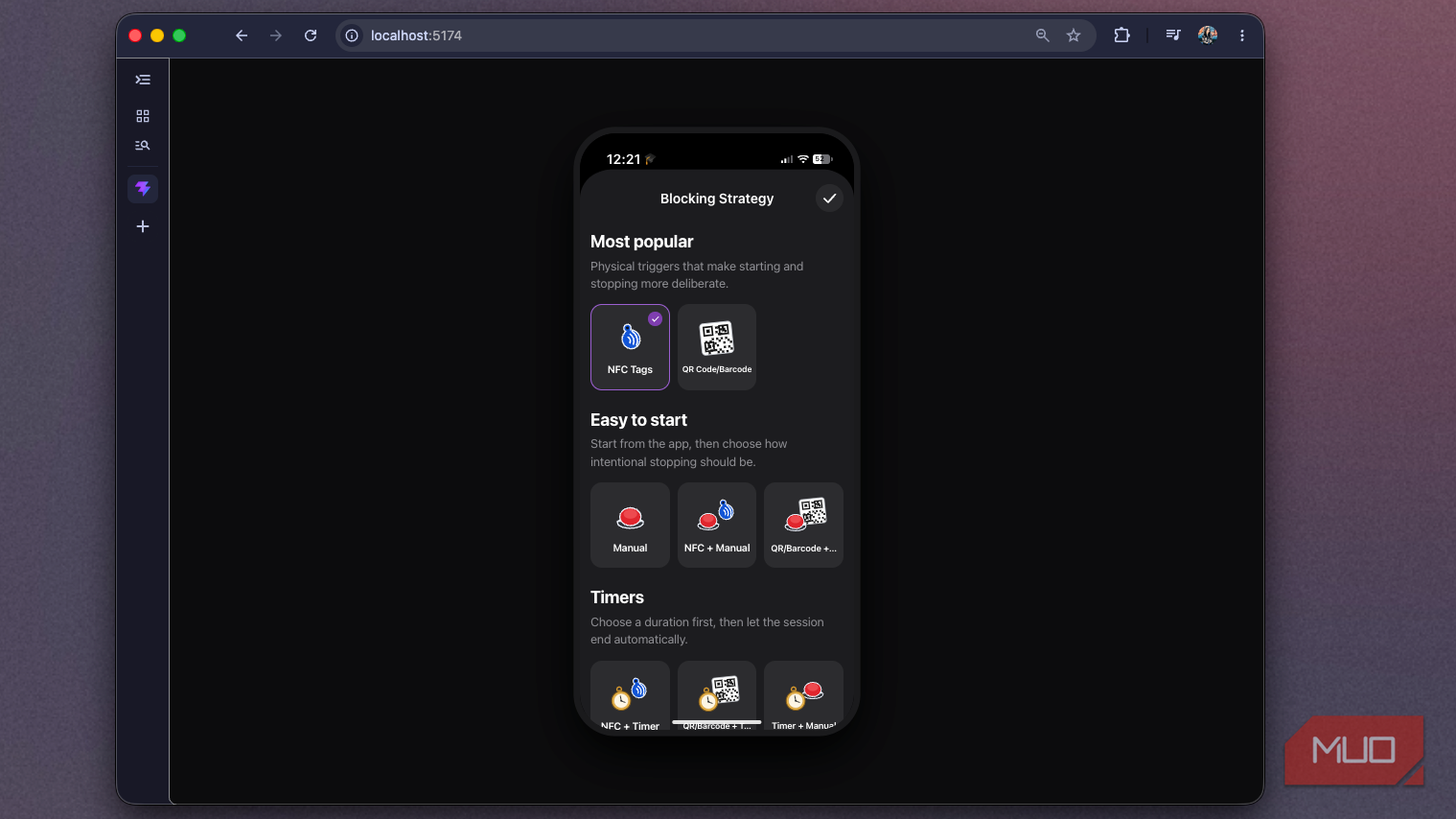 Foqos web recreation showing the Blocking Strategy picker with NFC Tags selected