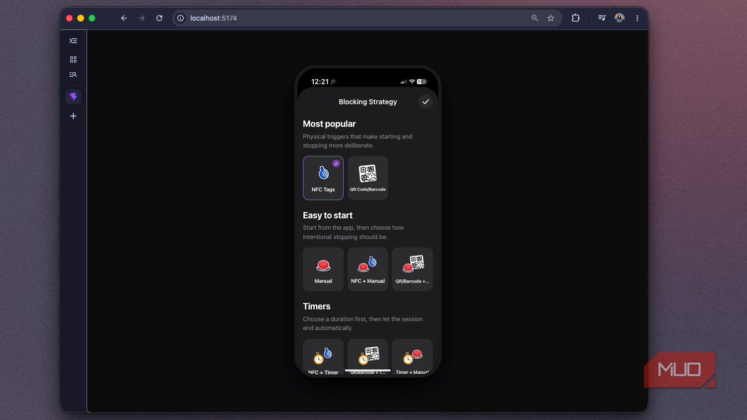 Foqos web recreation showing the Blocking Strategy picker with NFC Tags selected