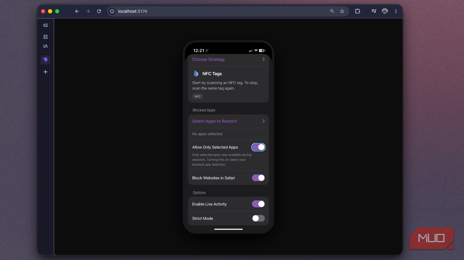 Foqos web recreation showing the New Profile form scrolled to the Options toggles