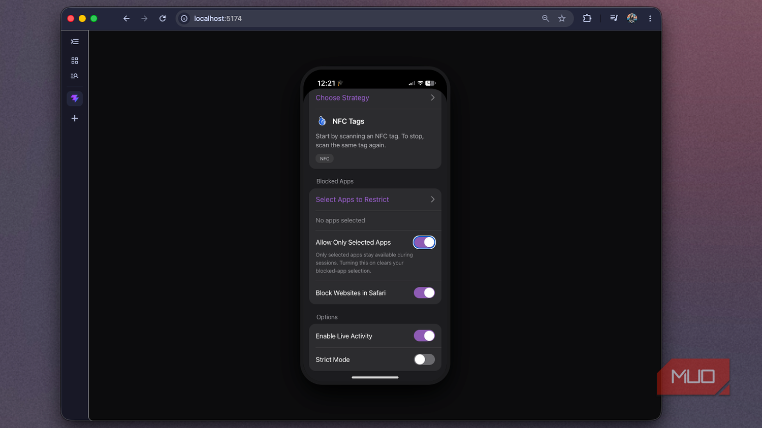 Foqos web recreation showing the New Profile form scrolled to the Options toggles