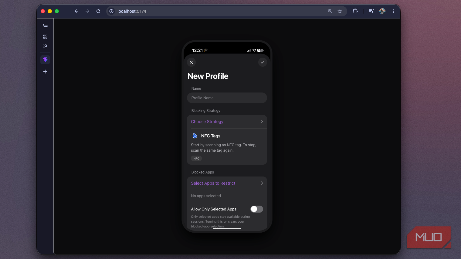 Foqos web recreation showing the New Profile form with Allow Only Selected Apps off