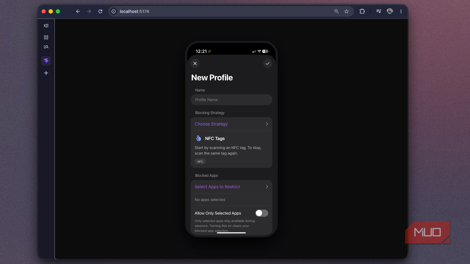 Foqos web recreation showing the New Profile form with Allow Only Selected Apps off