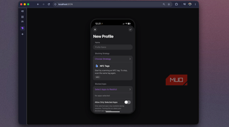 Foqos web recreation showing the New Profile form with Allow Only Selected Apps off