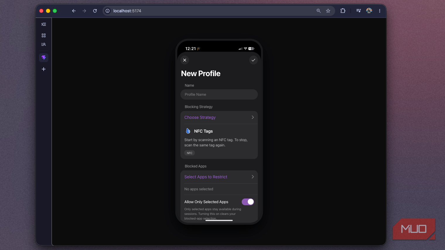 Foqos web recreation showing the New Profile form with Allow Only Selected Apps on