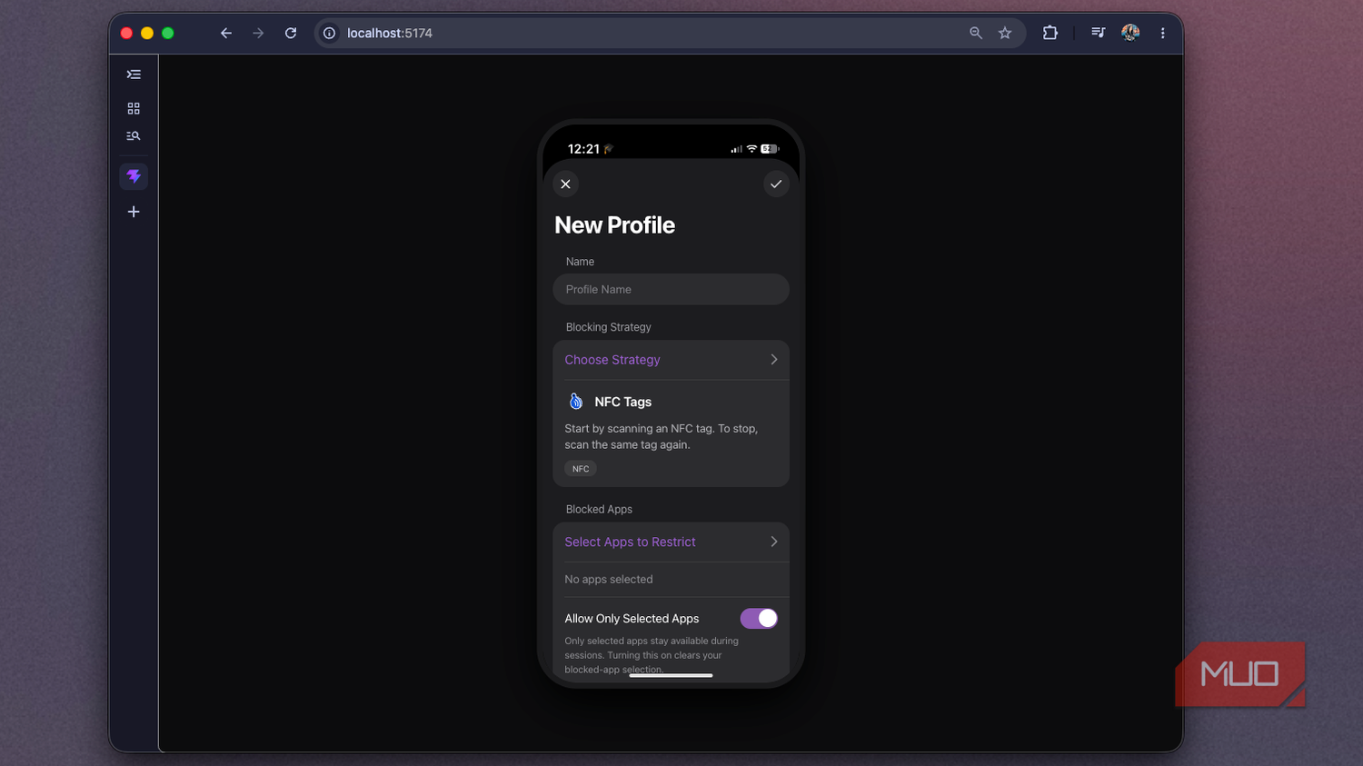 Foqos web recreation showing the New Profile form with Allow Only Selected Apps on