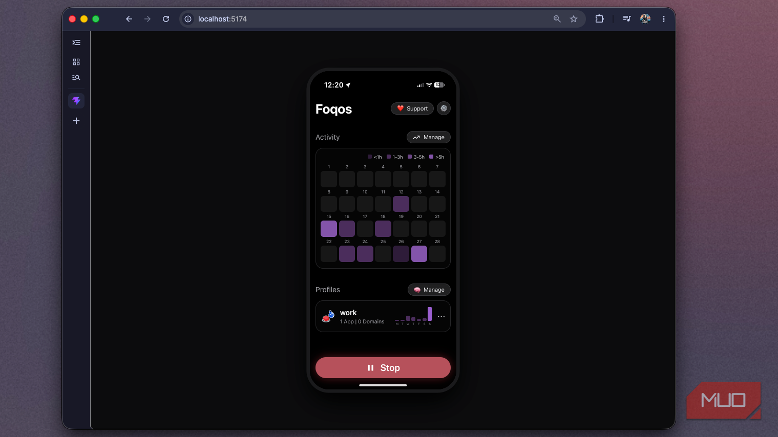 Foqos web recreation with the session running, the home screen button switched to red Stop