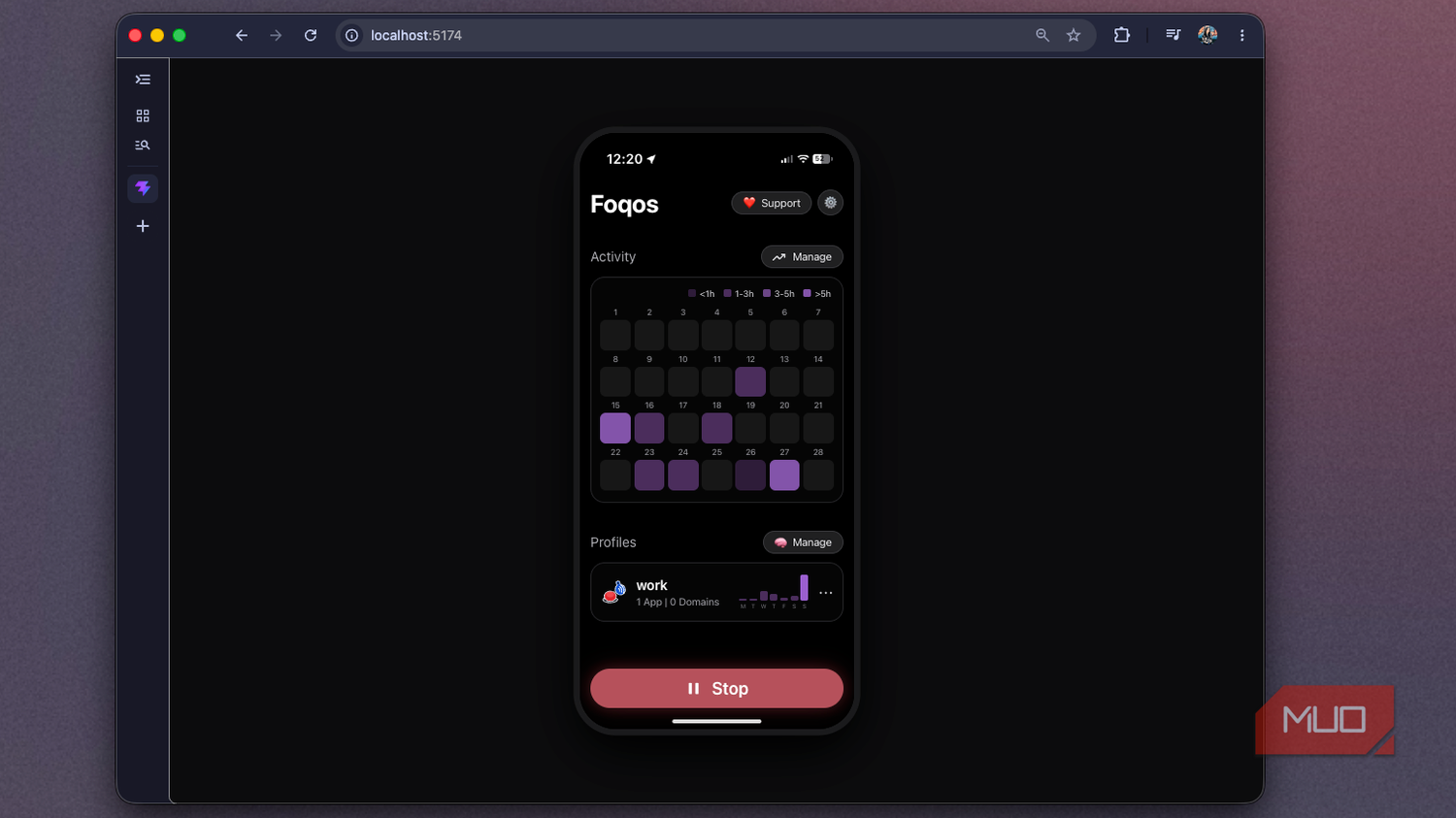 Foqos web recreation with the session running, the home screen button switched to red Stop