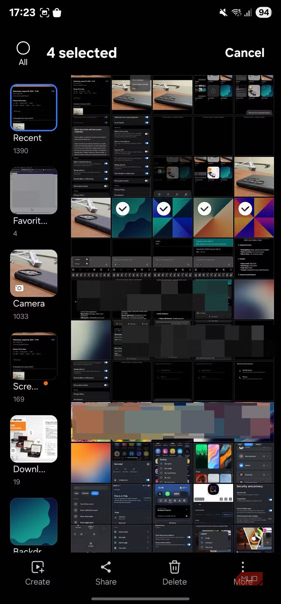 Four selected items in photo gallery app
