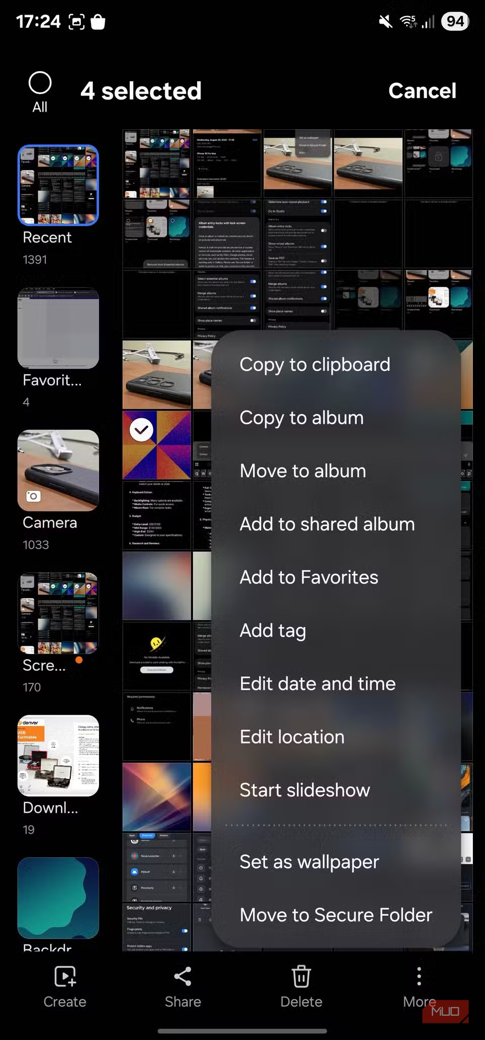 Four selected photos with options menu