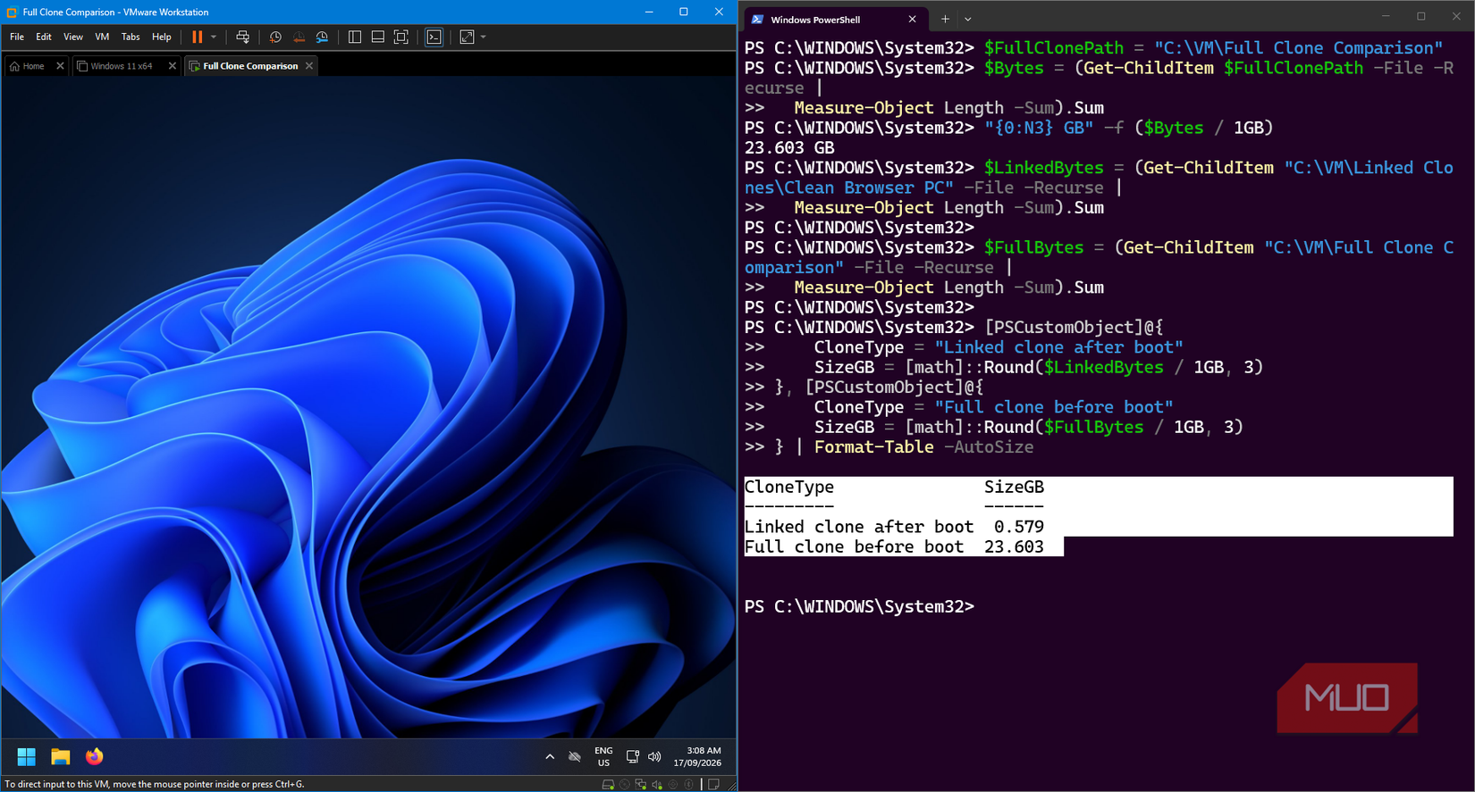 PowerShell comparing a 0.579GB booted linked clone with a 23.603GB full Windows clone