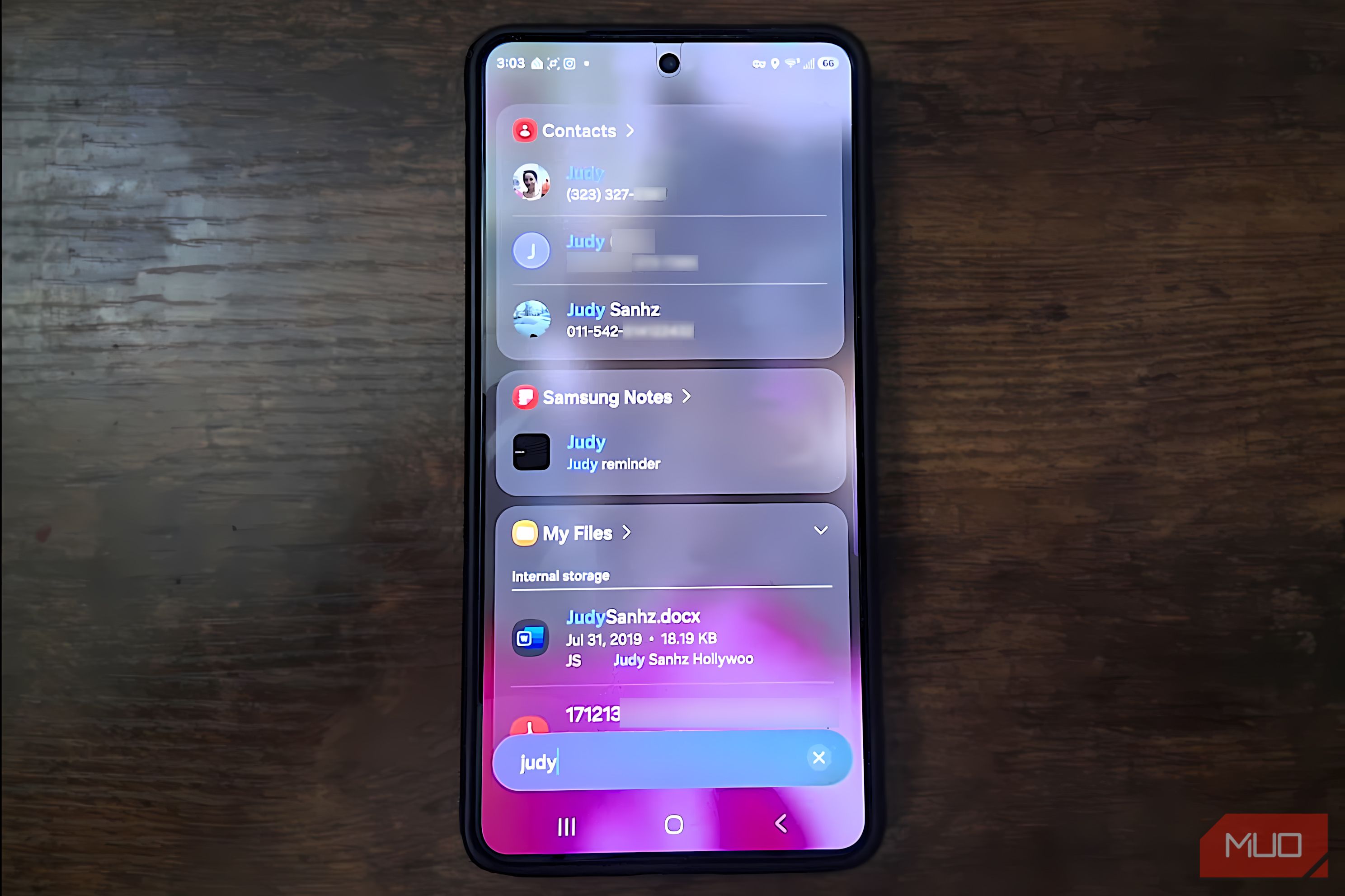 Samsung Galaxy phone showing Finder search results across Contacts, Samsung Notes, and My Files