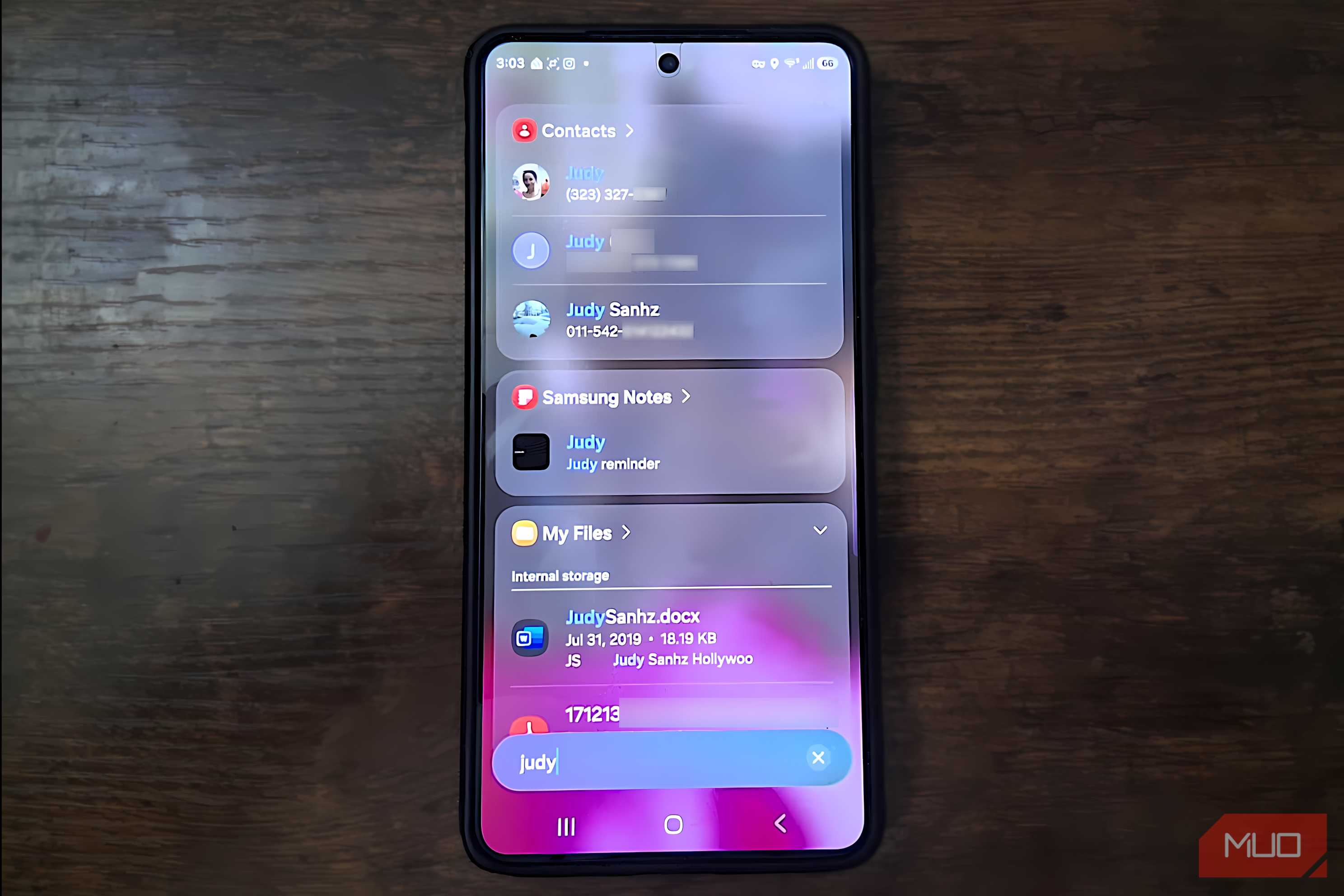 Samsung Galaxy phone showing Finder search results across Contacts, Samsung Notes, and My Files