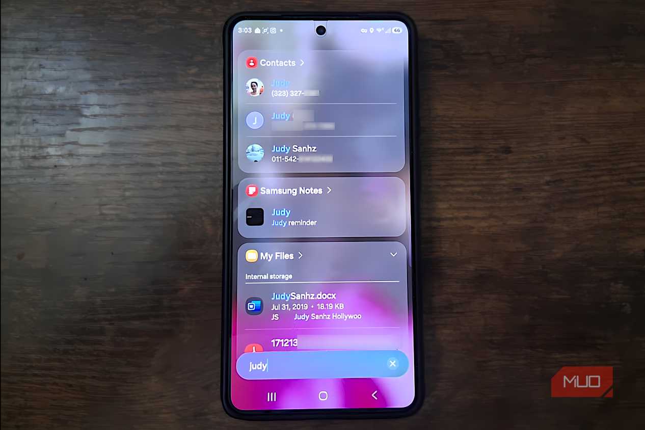 Samsung Galaxy phone showing Finder search results across Contacts, Samsung Notes, and My Files