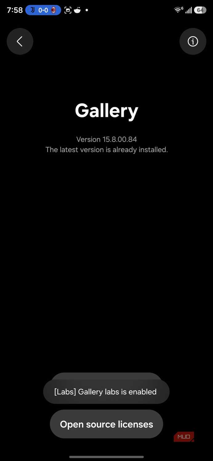 Gallery app version information and settings screen