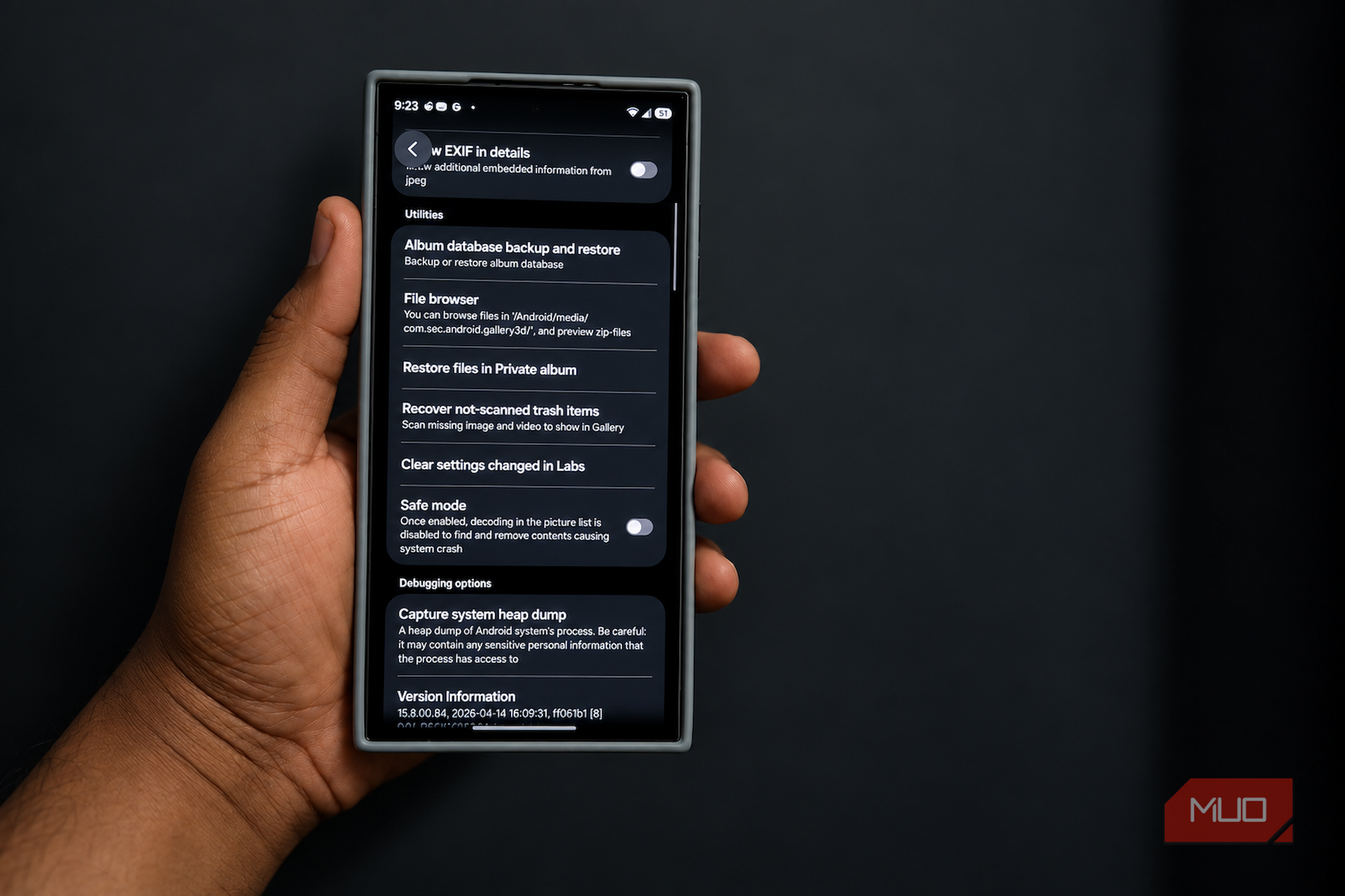 Gallery Labs settings menu.