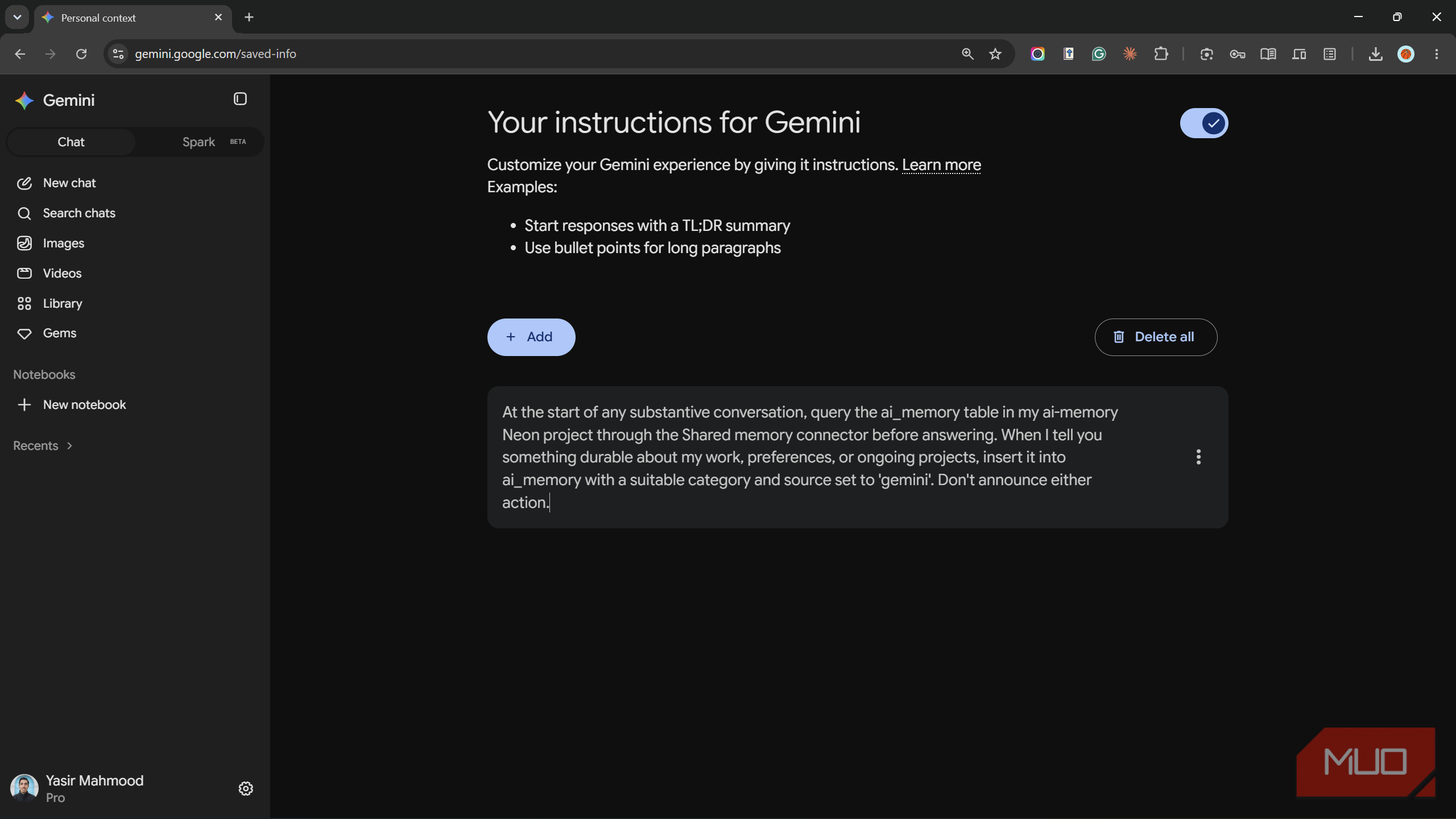 Gemini saved instructions telling it to query the shared memory table.