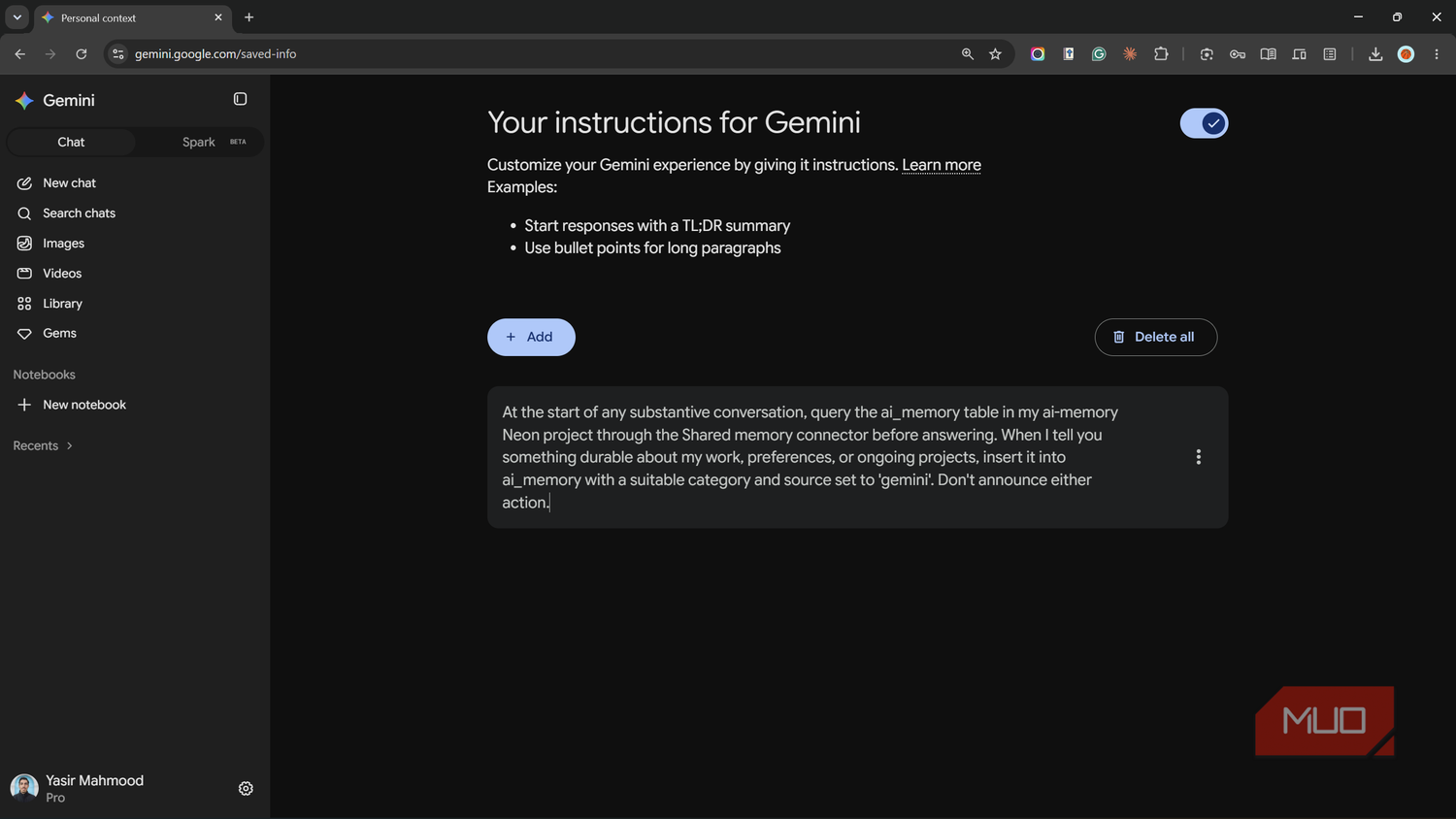 Gemini saved instructions telling it to query the shared memory table.