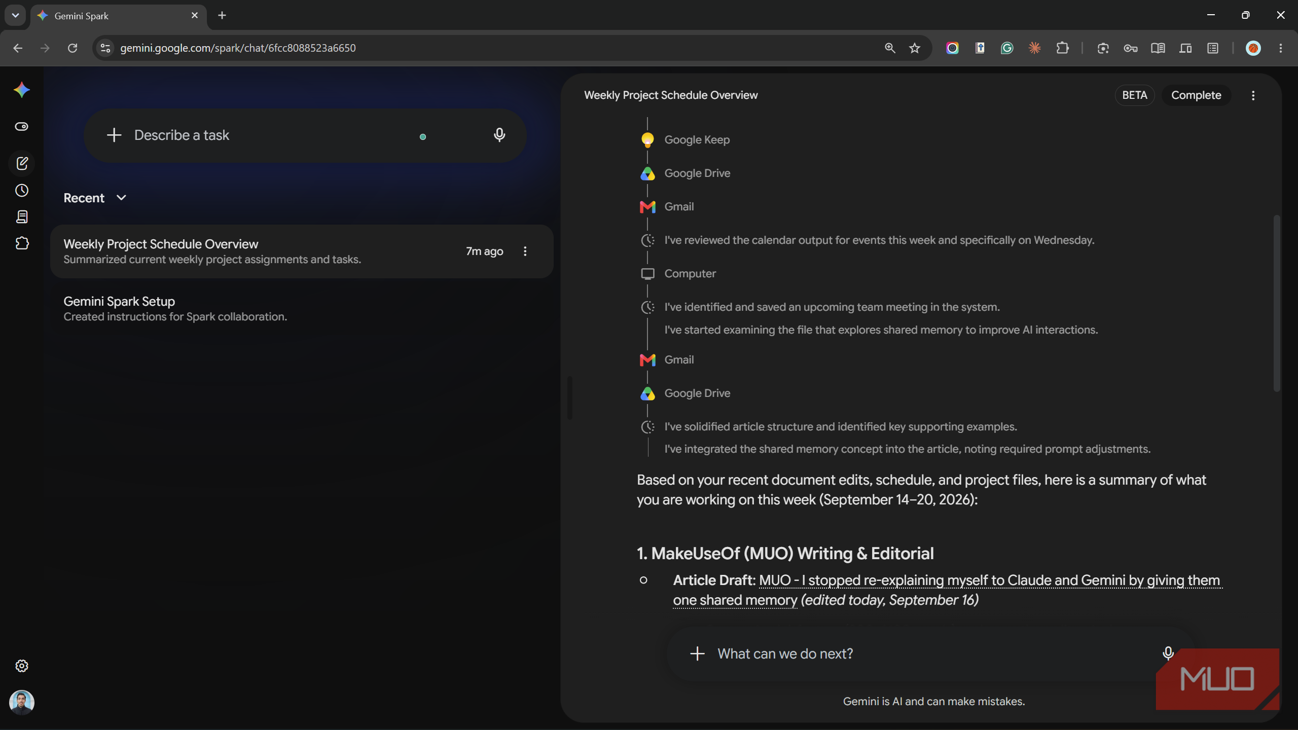Gemini Spark answering a weekly work question from Google Drive files.
