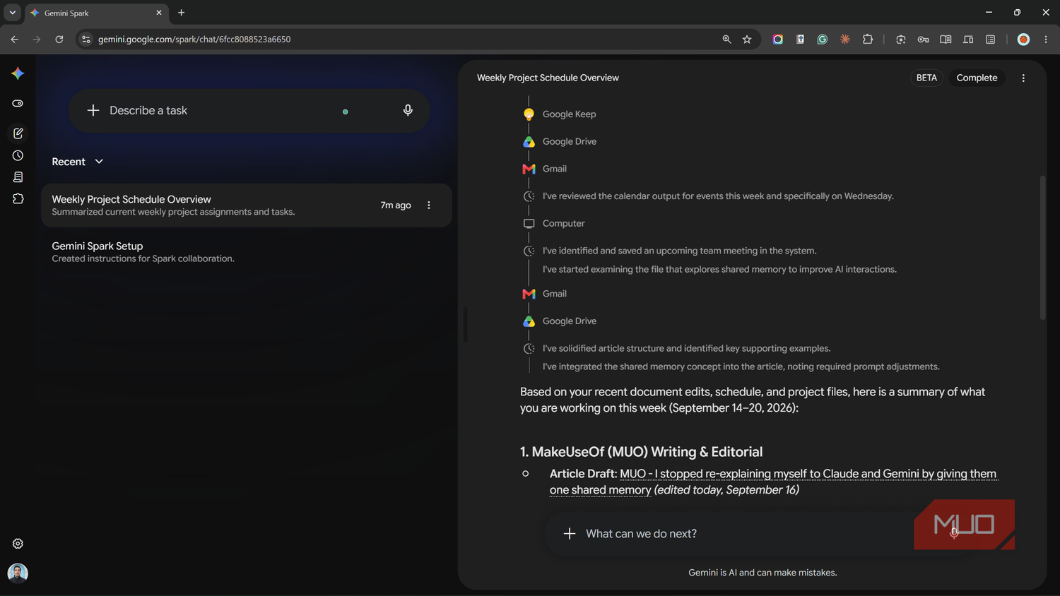 Gemini Spark answering a weekly work question from Google Drive files.