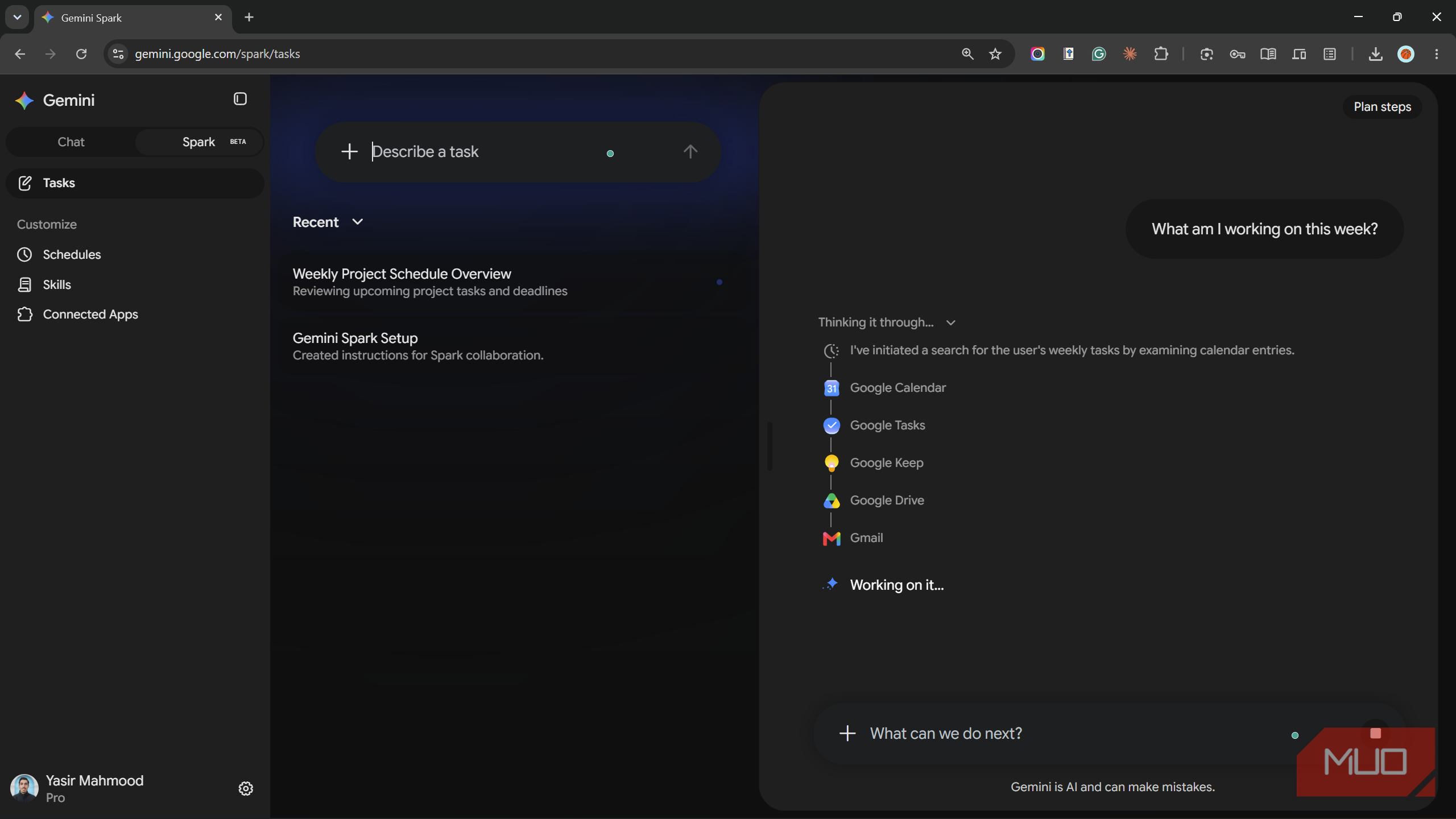 Gemini Spark checking Calendar, Tasks, Keep, Drive, and Gmail for weekly work.