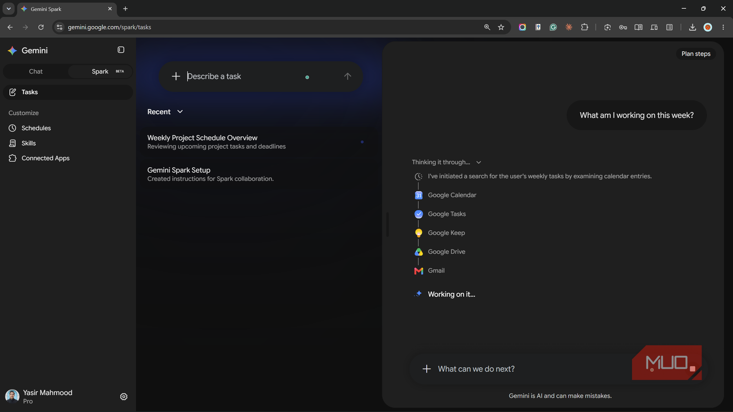 Gemini Spark checking Calendar, Tasks, Keep, Drive, and Gmail for weekly work.