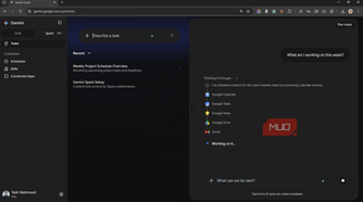 Gemini Spark checking Calendar, Tasks, Keep, Drive, and Gmail for weekly work.