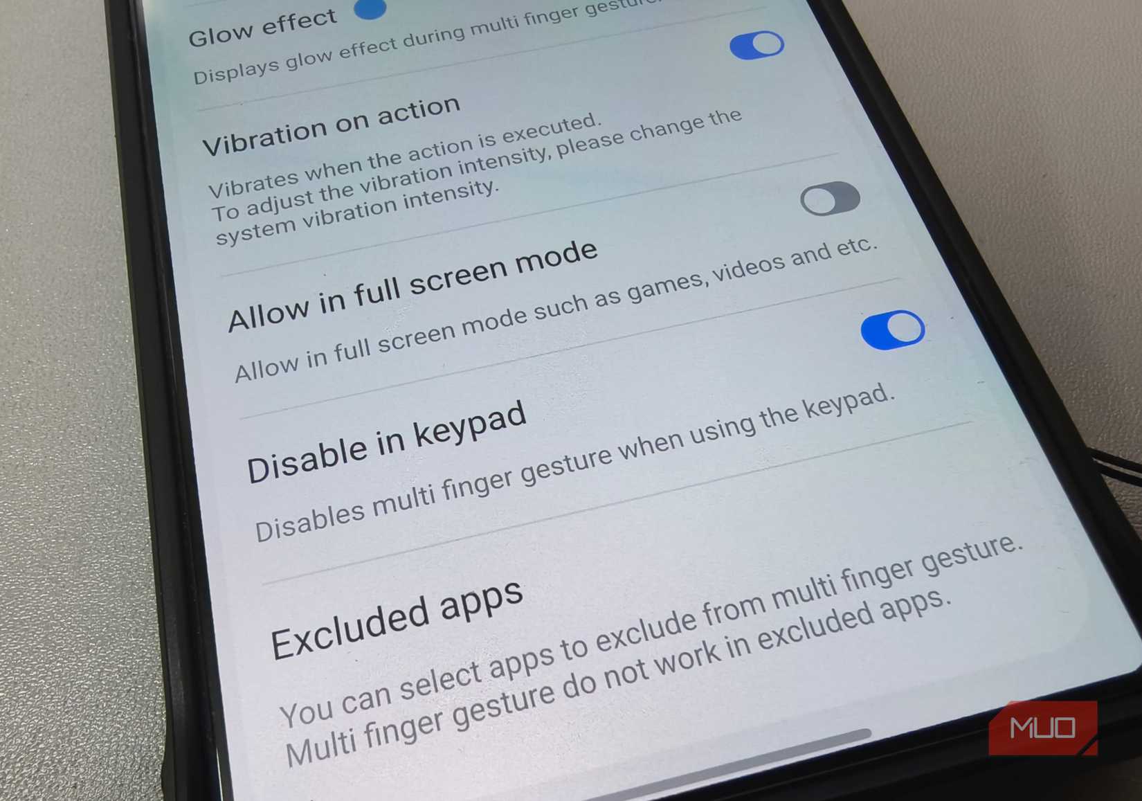 Gesture sensitivity and app exclusion options