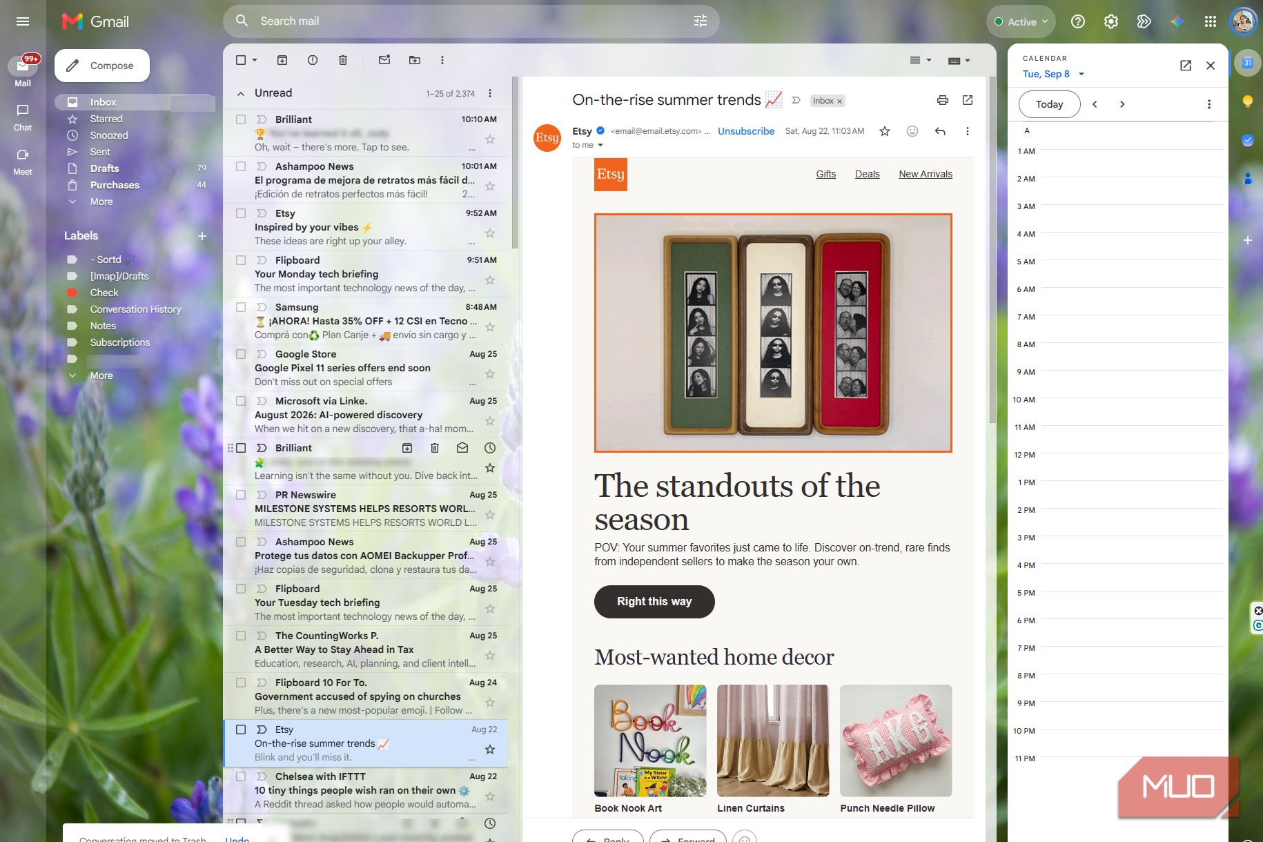 Gmail with the left navigation and Calendar side panel open, narrowing the email reading area in the center