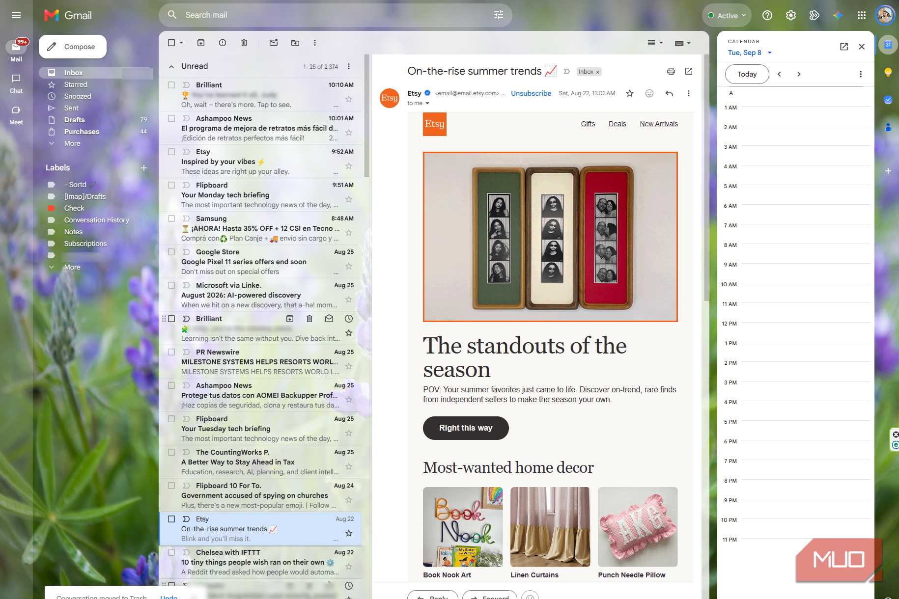 Gmail with the left navigation and Calendar side panel open, narrowing the email reading area in the center