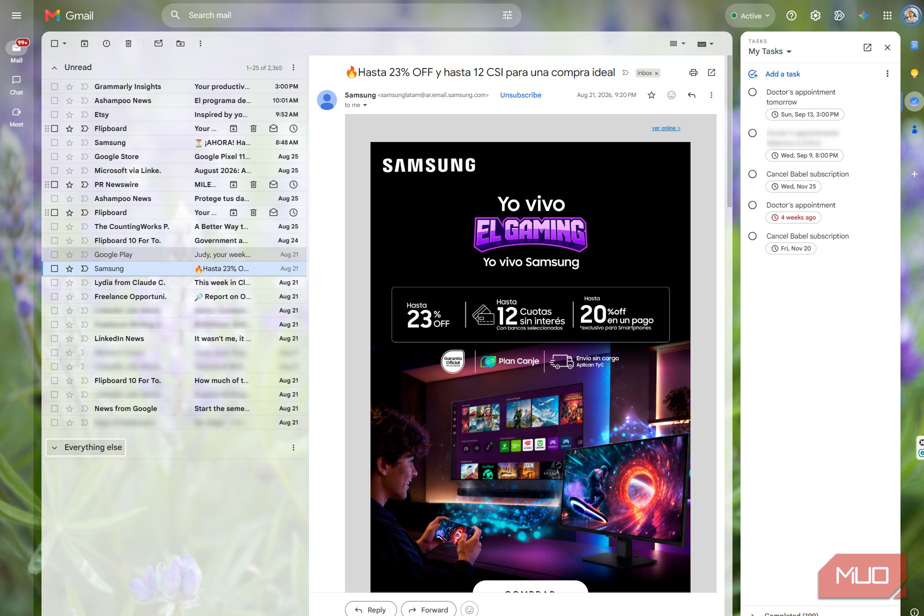 Gmail with the left navigation collapsed and the Tasks side panel open, giving a Samsung promotional email more room in the center