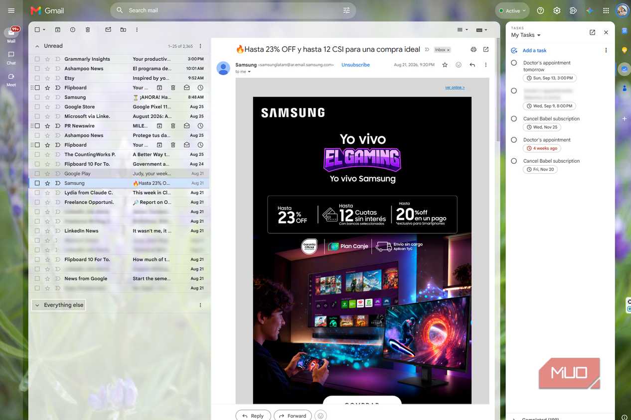 Gmail with the left navigation collapsed and the Tasks side panel open, giving a Samsung promotional email more room in the center
