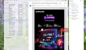 Gmail with the left navigation collapsed and the Tasks side panel open, giving a Samsung promotional email more room in the center