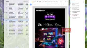 Gmail with the left navigation collapsed and the Tasks side panel open, giving a Samsung promotional email more room in the center