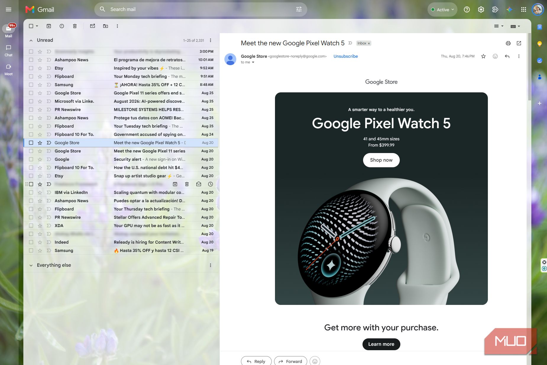 Gmail with both side panels hidden, giving a Google Pixel Watch promotional email more space while the inbox list stays visible on the left