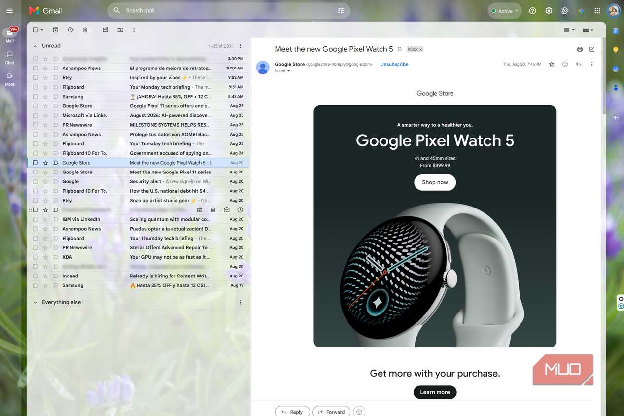 Gmail with both side panels hidden, giving a Google Pixel Watch promotional email more space while the inbox list stays visible on the left