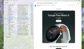 Gmail with both side panels hidden, giving a Google Pixel Watch promotional email more space while the inbox list stays visible on the left