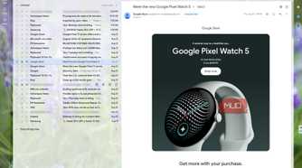Gmail with both side panels hidden, giving a Google Pixel Watch promotional email more space while the inbox list stays visible on the left
