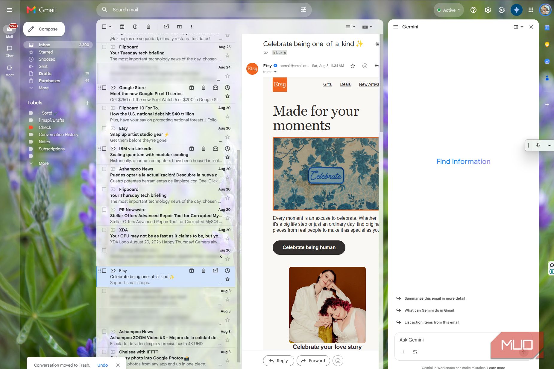 Gmail with both panels open and Gemini visible on the right, squeezing an Etsy newsletter into a narrow reading area