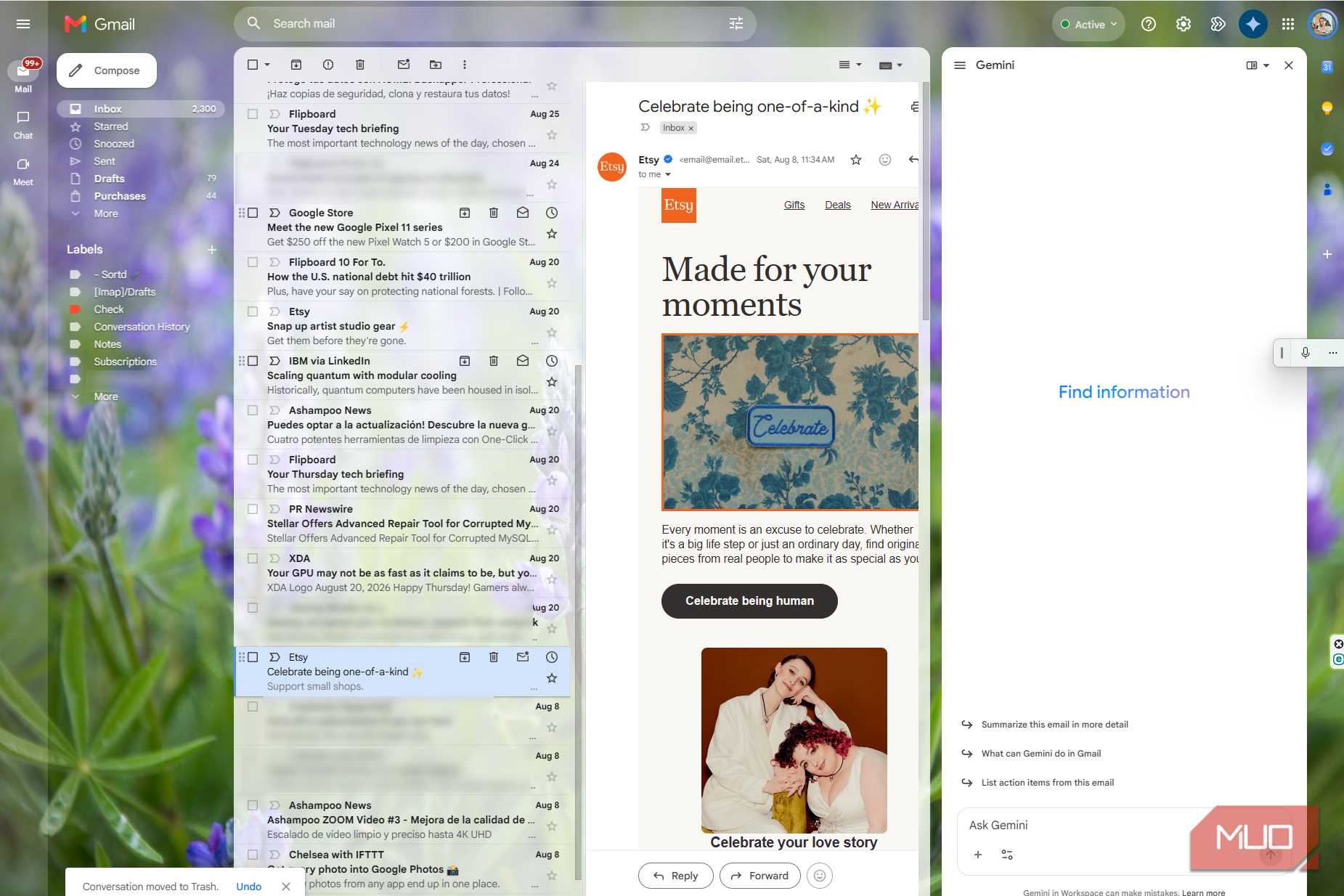 Gmail with both panels open and Gemini visible on the right, squeezing an Etsy newsletter into a narrow reading area