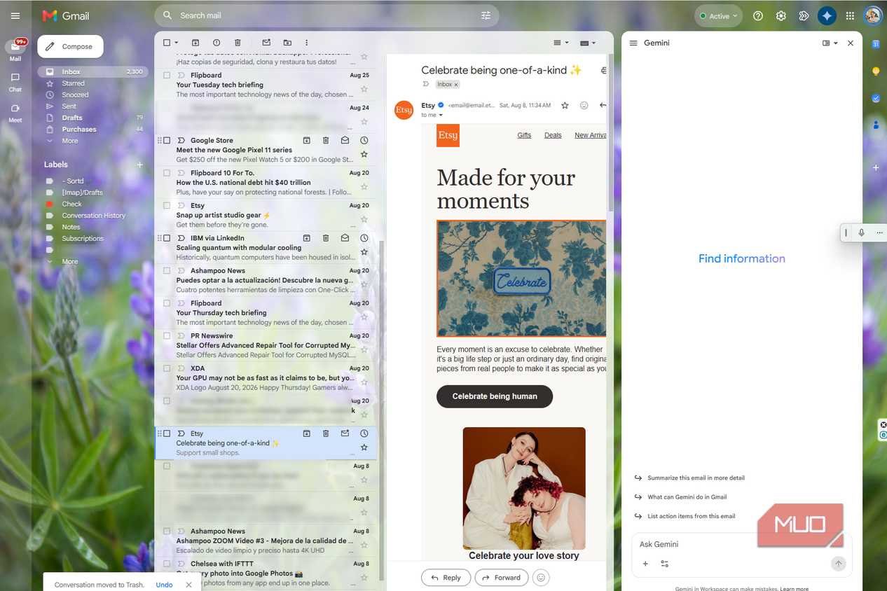 Gmail with both panels open and Gemini visible on the right, squeezing an Etsy newsletter into a narrow reading area