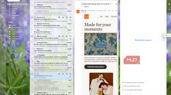 Gmail with both panels open and Gemini visible on the right, squeezing an Etsy newsletter into a narrow reading area